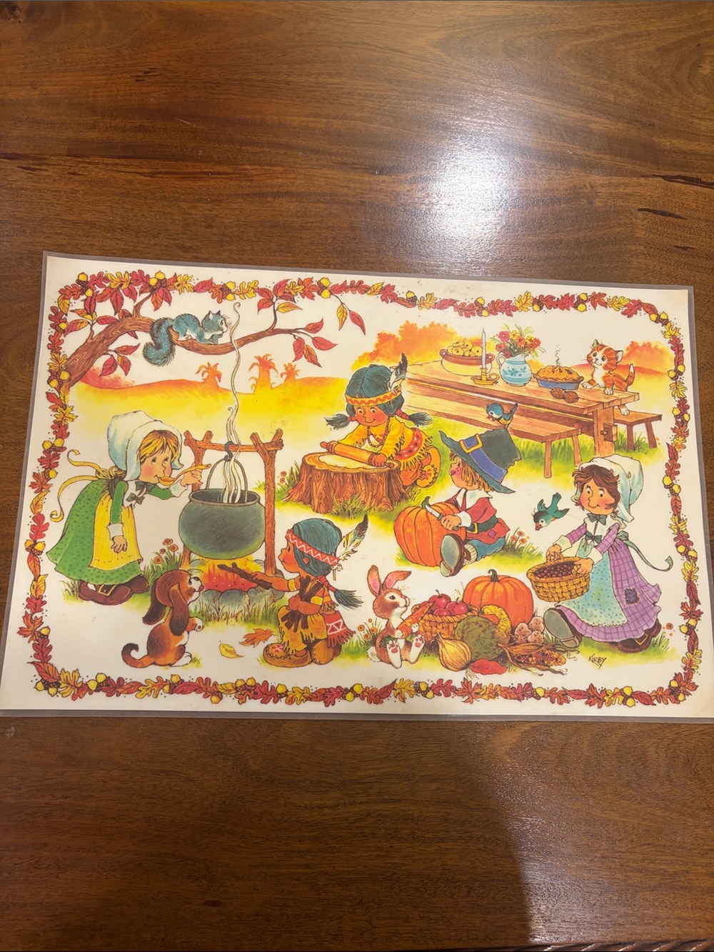 Vintage Harvest Children/ Santa scene Placemat Thanksgiving and Christmas